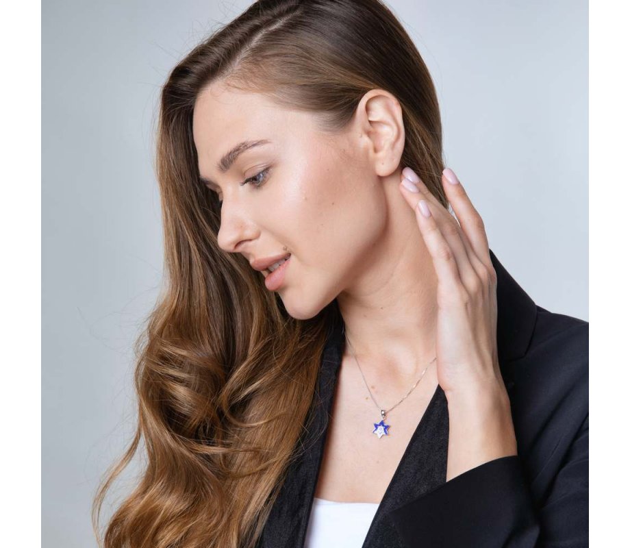 Pendant Necklace - Star of David on Blue Enamel with Jerusalem Images - Sterling Silver