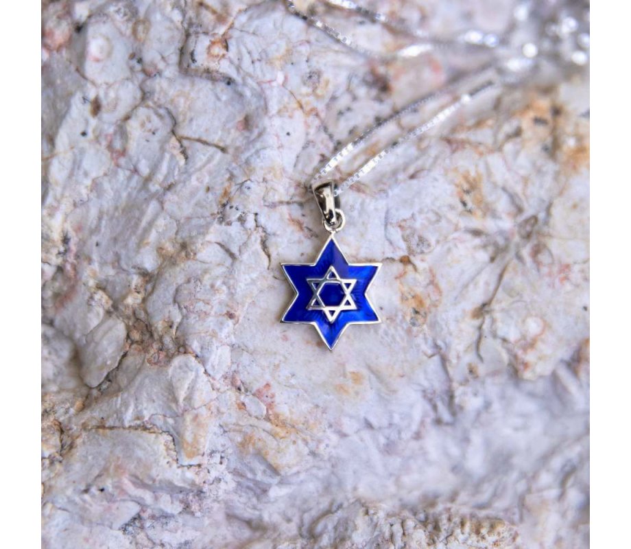 Pendant Necklace - Star of David on Blue Enamel with Jerusalem Images - Sterling Silver