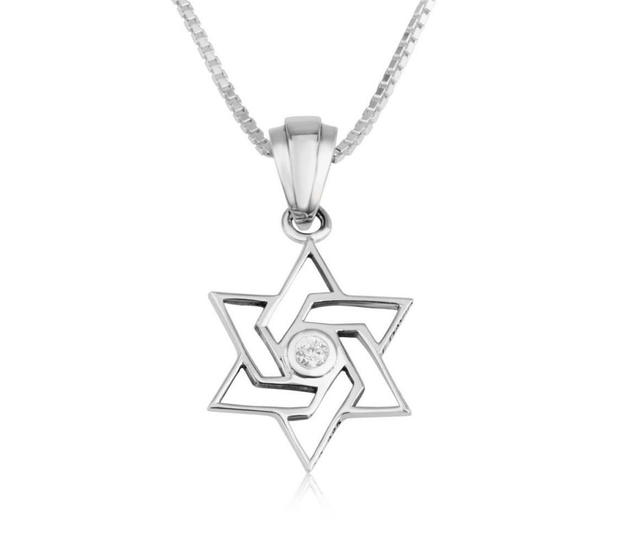 Pendant Necklace, Angular Star of David with Crystal Center - Sterling Silver