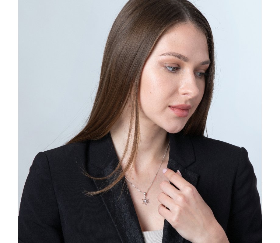 Pendant Necklace, Angular Star of David with Crystal Center - Sterling Silver