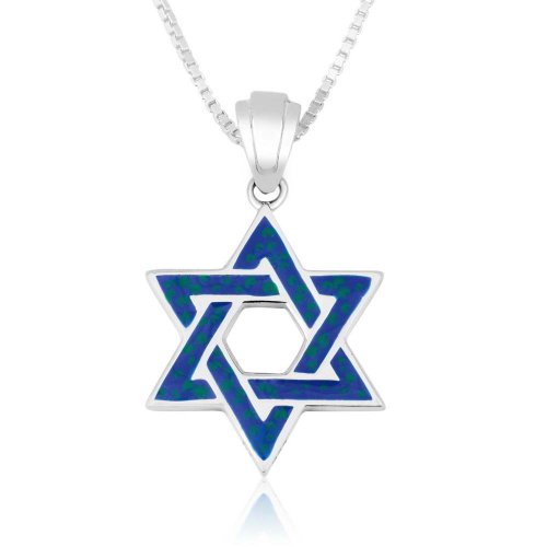 Pendant Necklace, Blue Enamel Star of David  Sterling Silver