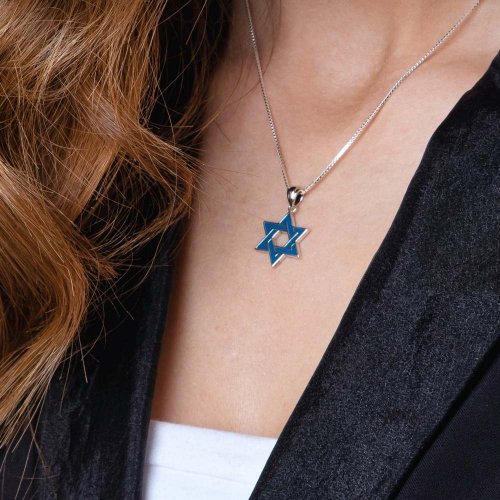 Pendant Necklace, Blue Enamel Star of David  Sterling Silver