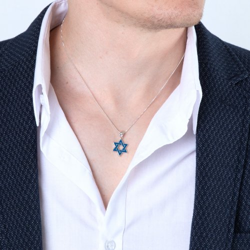 Pendant Necklace, Blue Enamel Star of David  Sterling Silver