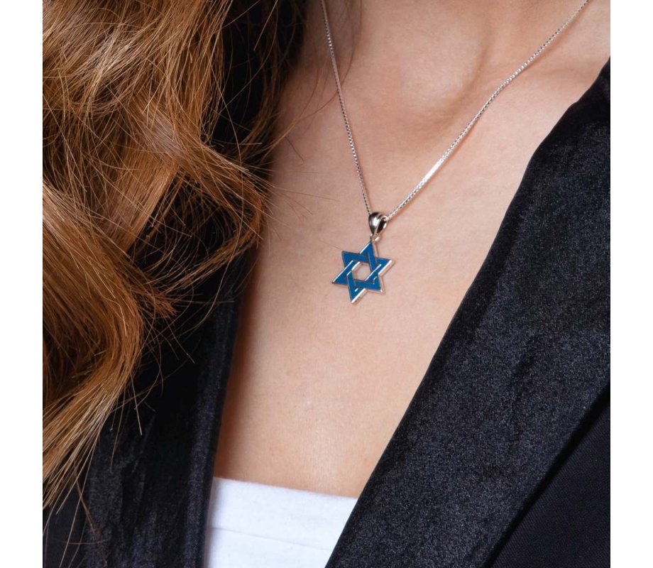 Pendant Necklace, Blue Enamel Star of David – Sterling Silver