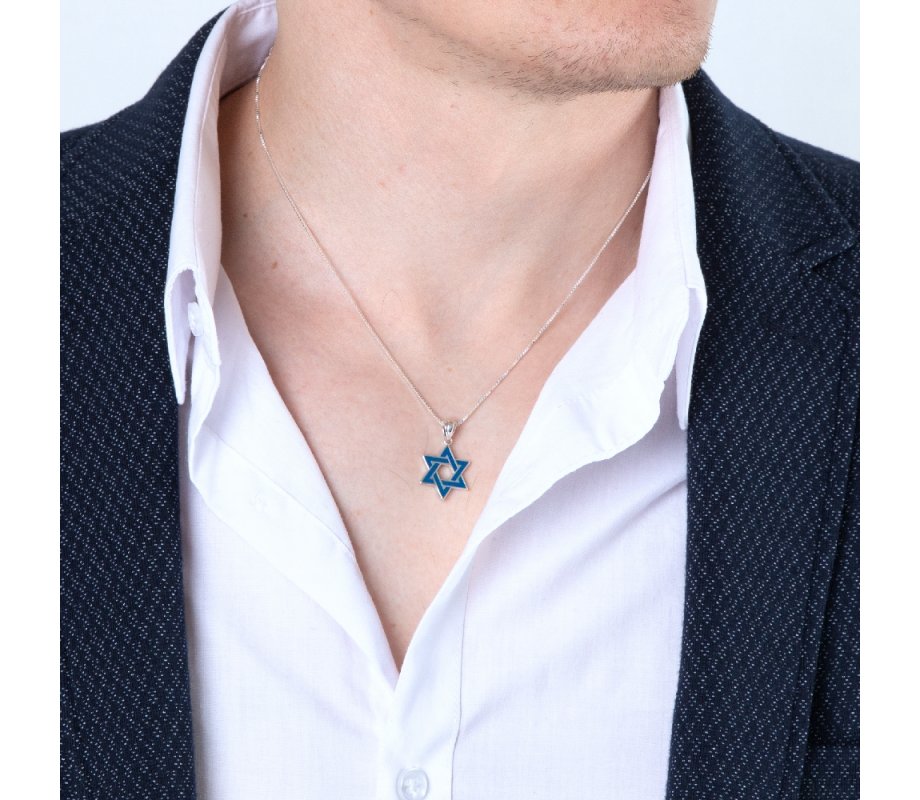 Pendant Necklace, Blue Enamel Star of David – Sterling Silver