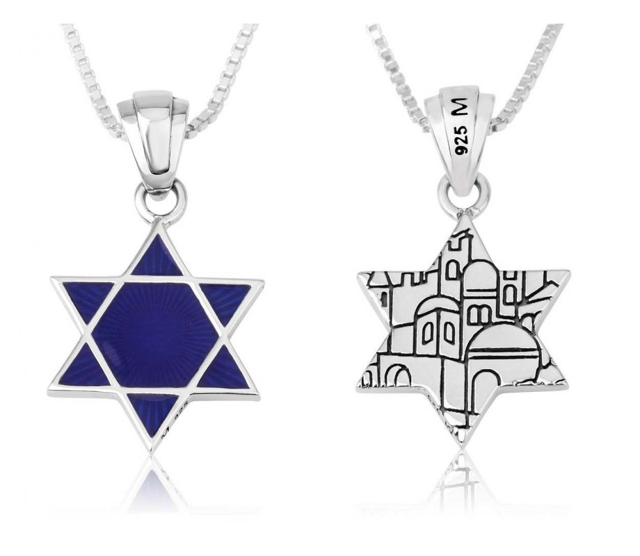 Pendant Necklace, Blue Star of David with Jerusalem Views on Reverse - Sterling Silver
