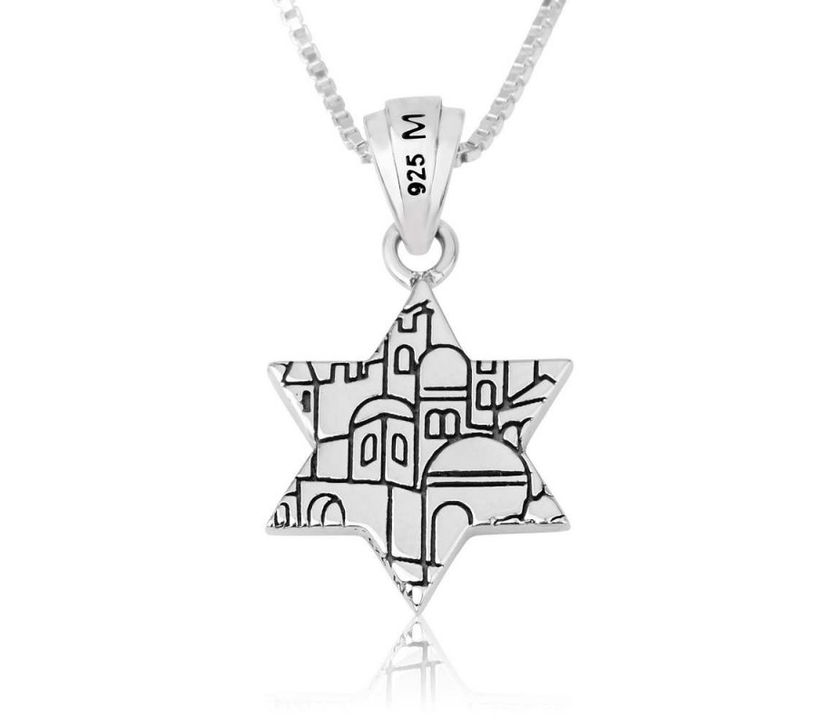 Pendant Necklace, Blue Star of David with Jerusalem Views on Reverse - Sterling Silver
