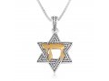 Pendant Necklace, Chai and Star of David - Gold Plate and Textured Sterling Silver