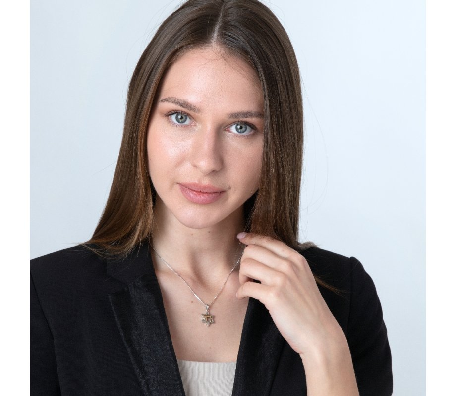 Pendant Necklace, Chai and Star of David - Gold Plate and Textured Sterling Silver