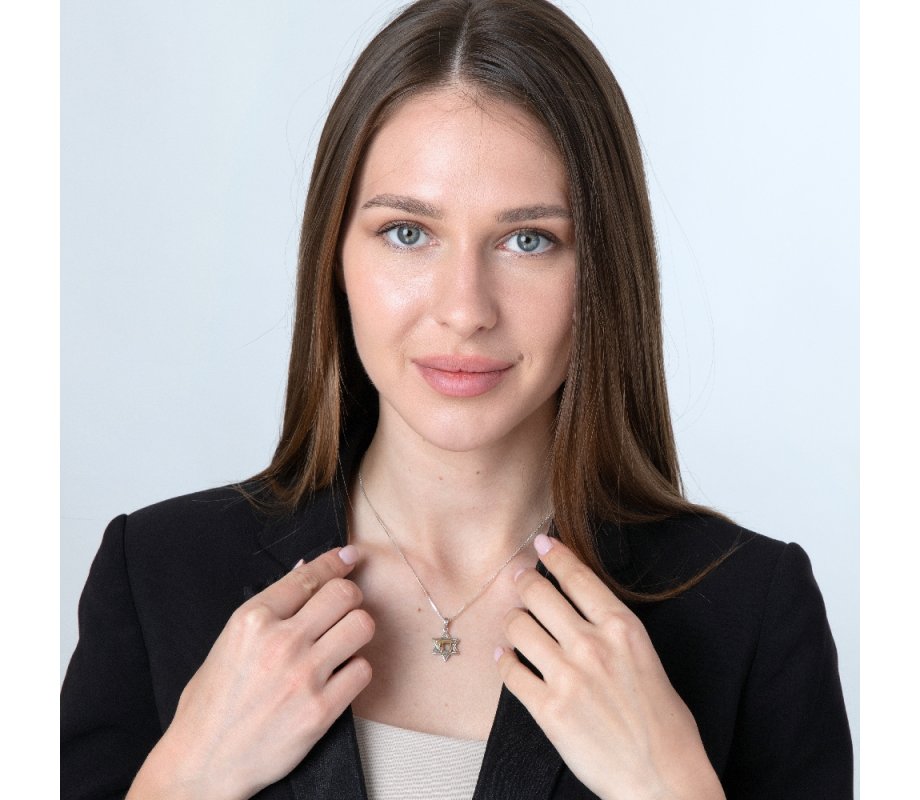 Pendant Necklace, Chai and Star of David - Gold Plate and Textured Sterling Silver