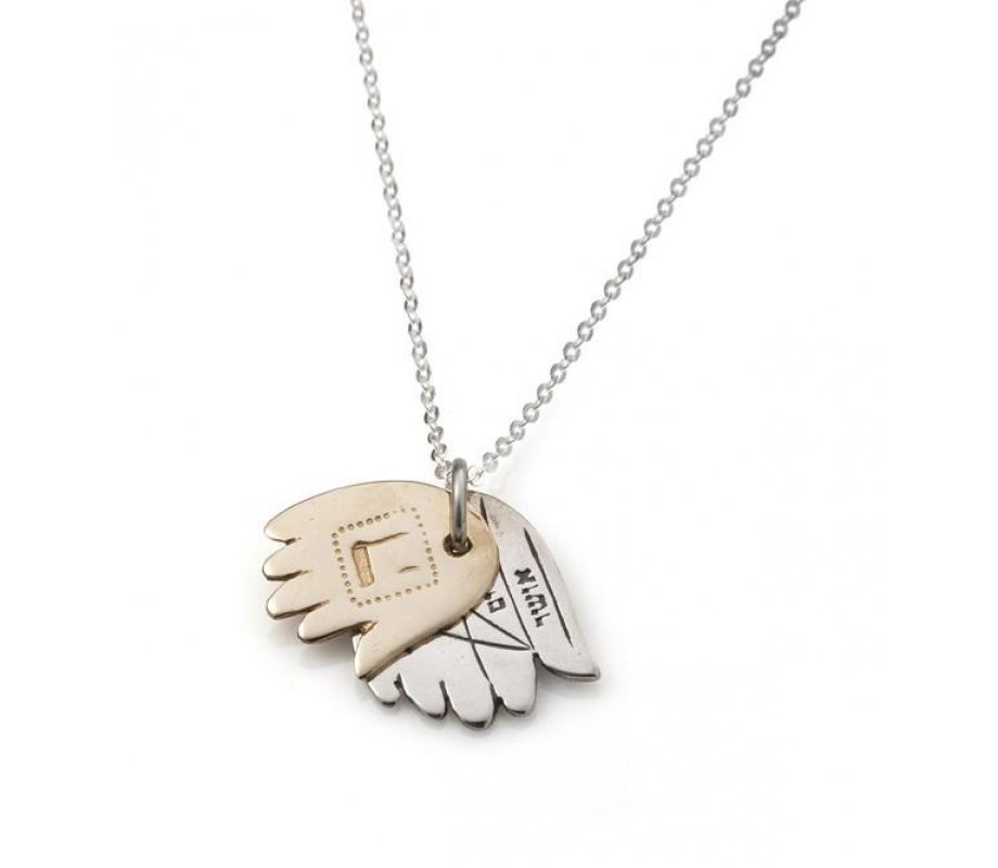 Pendant Necklace, Double Hamsas with Blessing Words in Silver and Gold - Ha'ari Jewelry