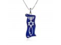 Pendant Necklace Menorah Star and Fish Symbol - Sterling Silver and Blue Enamel