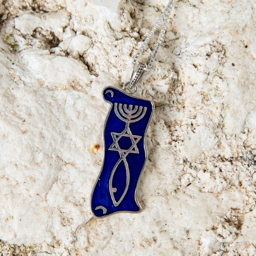 Pendant Necklace Menorah Star and Fish Symbol - Sterling Silver and Blue Enamel