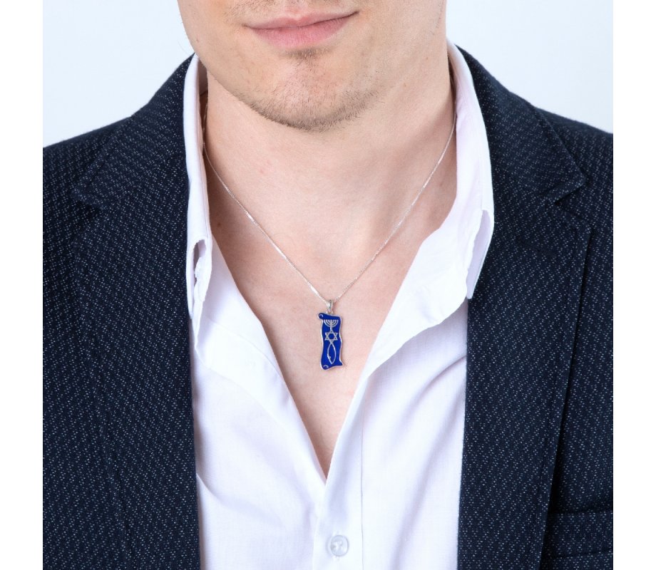 Pendant Necklace Menorah Star and Fish Symbol - Sterling Silver and Blue Enamel