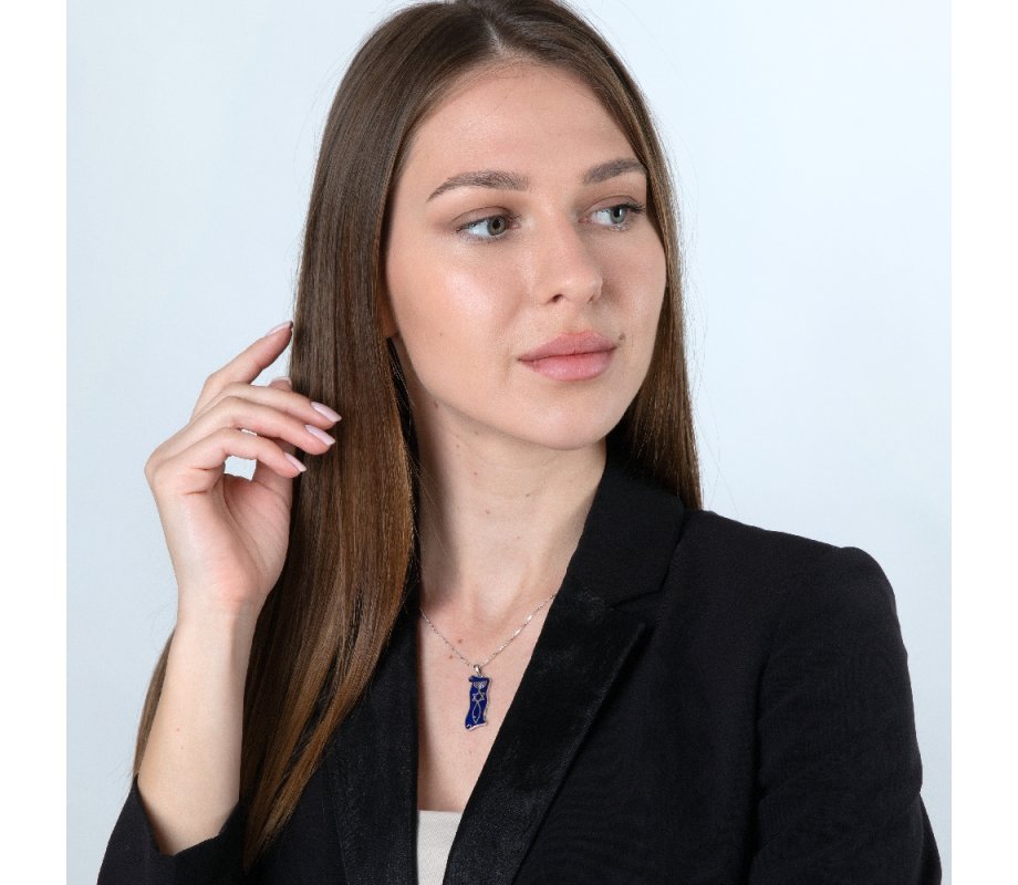 Pendant Necklace Menorah Star and Fish Symbol - Sterling Silver and Blue Enamel