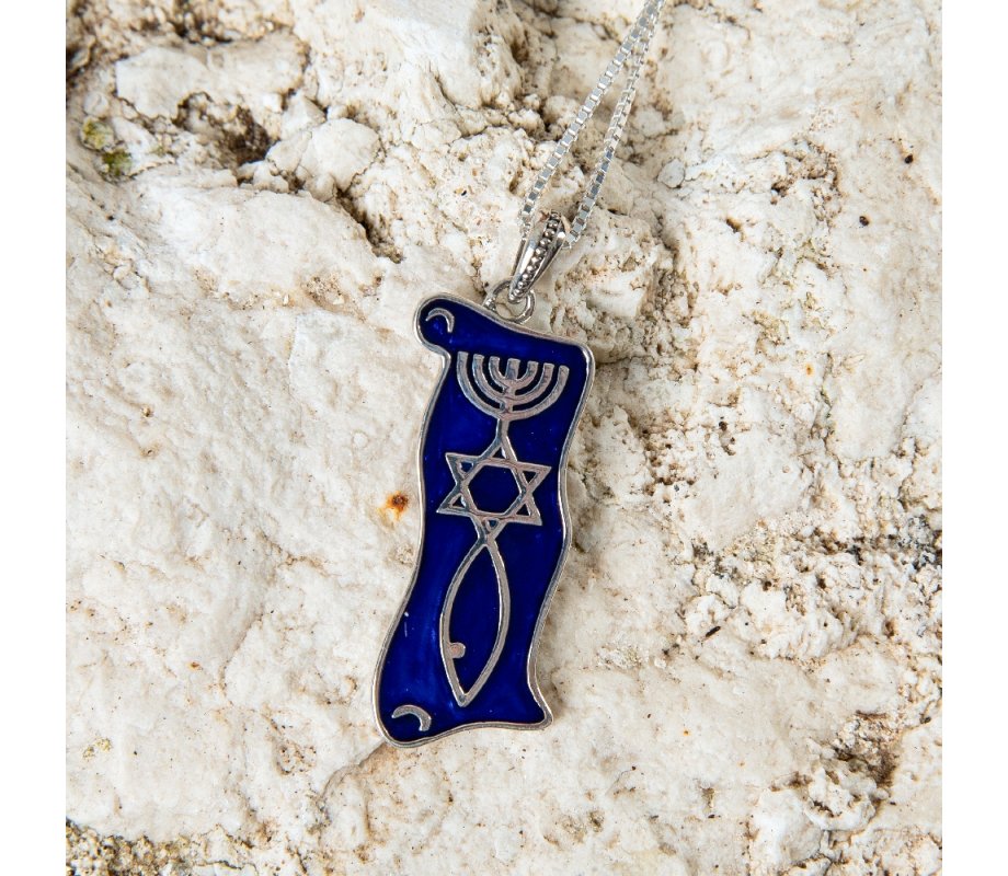 Pendant Necklace Menorah Star and Fish Symbol - Sterling Silver and Blue Enamel