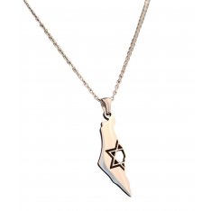 Pendant Necklace, Outline of Israel with Half Star of David  Silver Stainless Steel