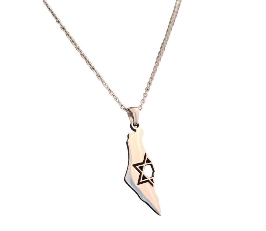 Pendant Necklace, Outline of Israel with Half Star of David – Silver Stainless Steel