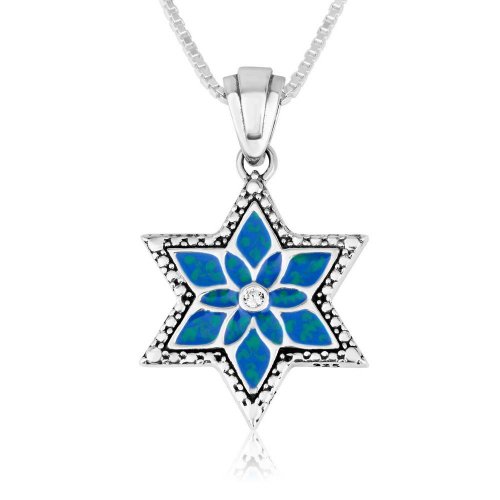 Pendant Necklace, Star of David with Blue Flowers and Zircons - Sterling Silver