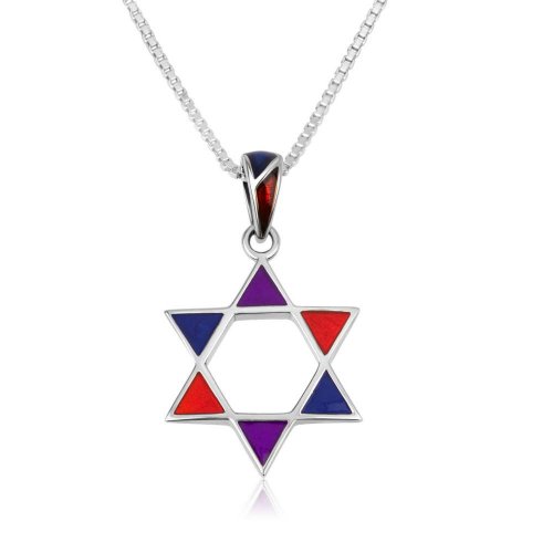 Pendant Necklace, Star of David with Colorful corners, Sterling Silver