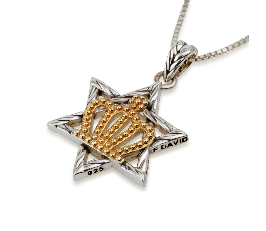 Pendant Necklace of Sterling Silver with Star of David and 14K Gold Plated Crown