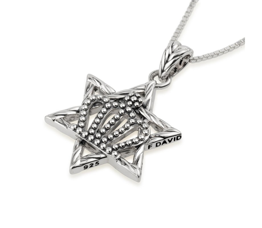 Pendant Necklace of Sterling Silver with Star of David and Crown Image in its Center