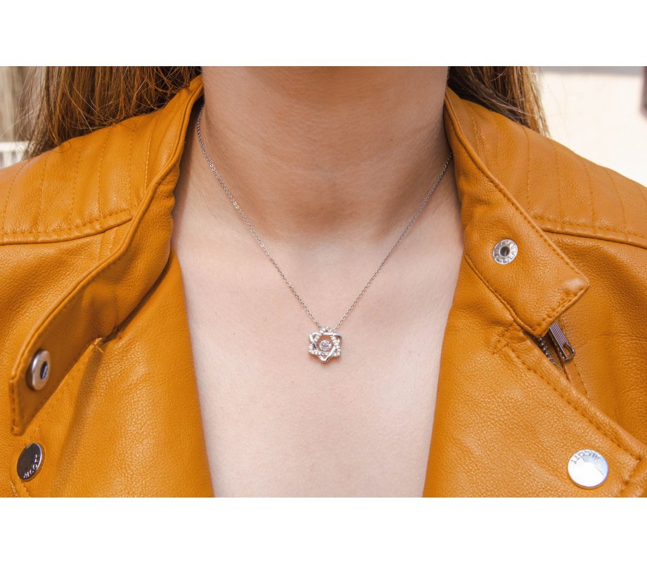 Pendant Necklace with Decorative star of David and Zircons - Stainless Steel