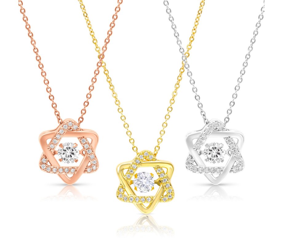 Pendant Necklace with Decorative star of David and Zircons - Stainless Steel