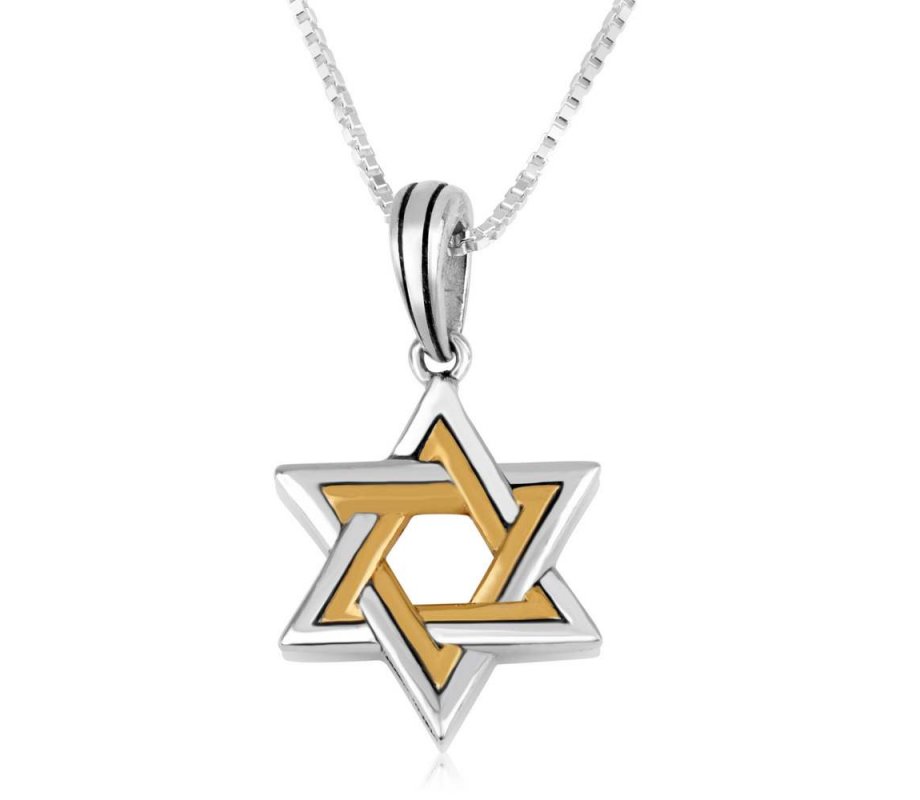 Pendant Necklace with Double Stars of David - Sterling Silver and Gold Plated
