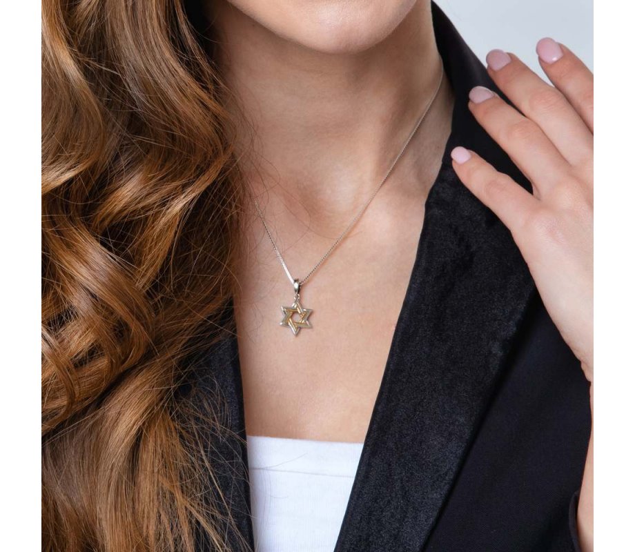 Pendant Necklace with Double Stars of David - Sterling Silver and Gold Plated