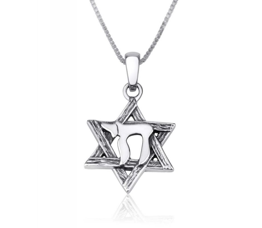 Pendant Necklace with Engraved Star of David and Chai Hebrew Letters – Sterling Silver