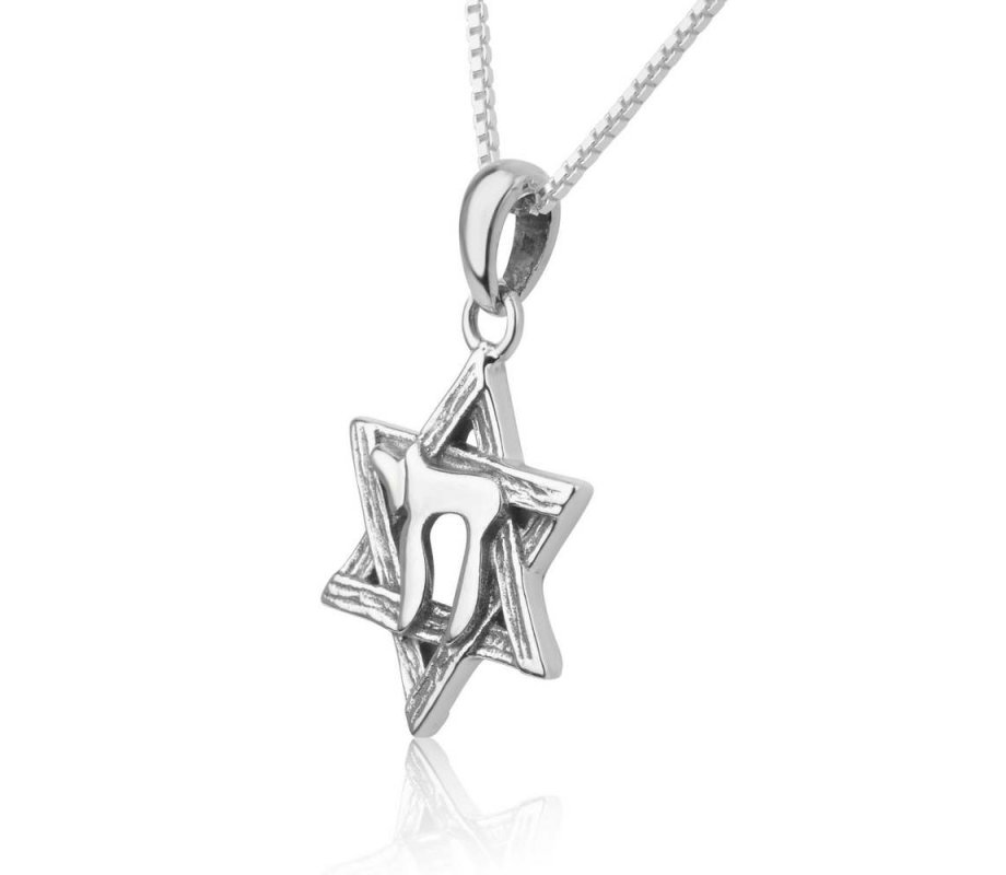 Pendant Necklace with Engraved Star of David and Chai Hebrew Letters – Sterling Silver