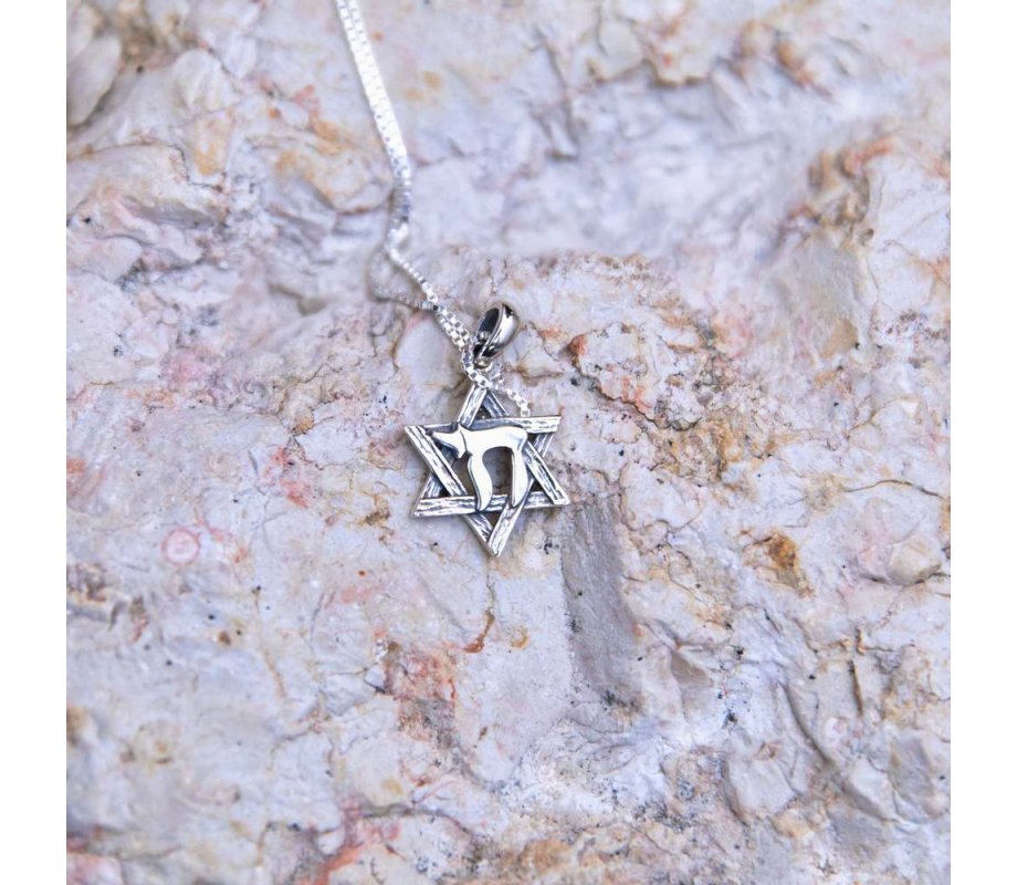 Pendant Necklace with Engraved Star of David and Chai Hebrew Letters – Sterling Silver