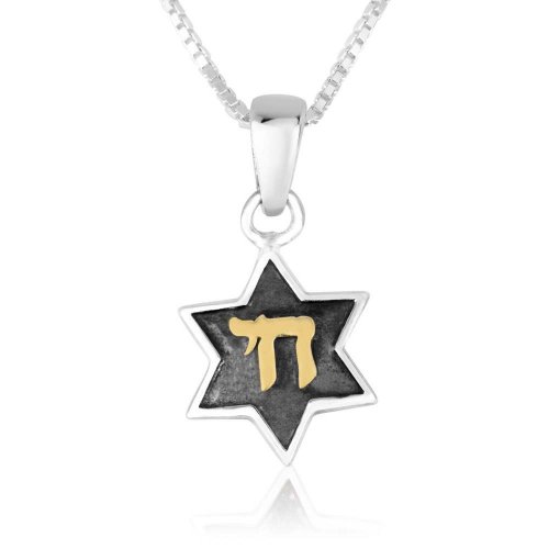 Pendant Necklace with Star of David and Gold Plated Chai - Sterling Silver