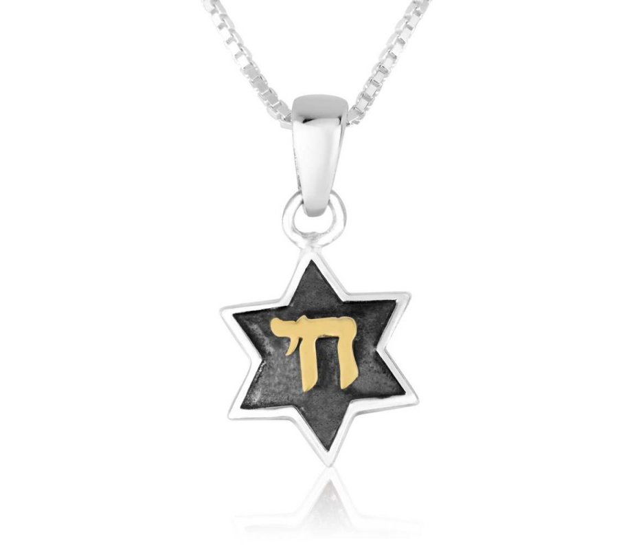 Pendant Necklace with Star of David and Gold Plated Chai - Sterling Silver