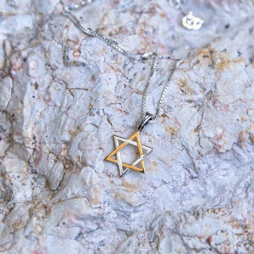 Pendant Necklace with Stars of David - Sterling Silver and Gold Plate