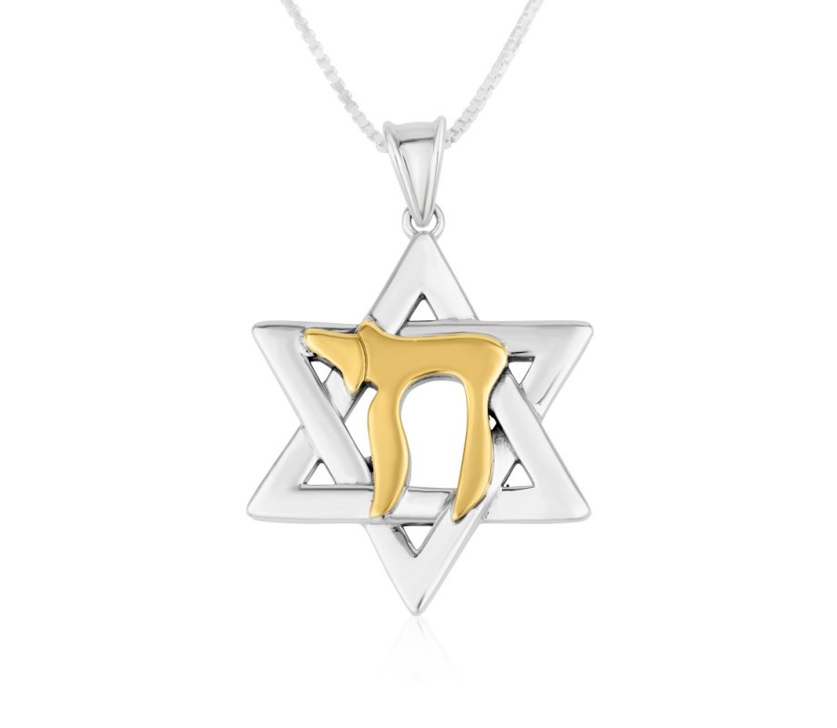 Pendant of Star of David with 14K Gold Plated Chai Letters – Sterling Silver Necklace