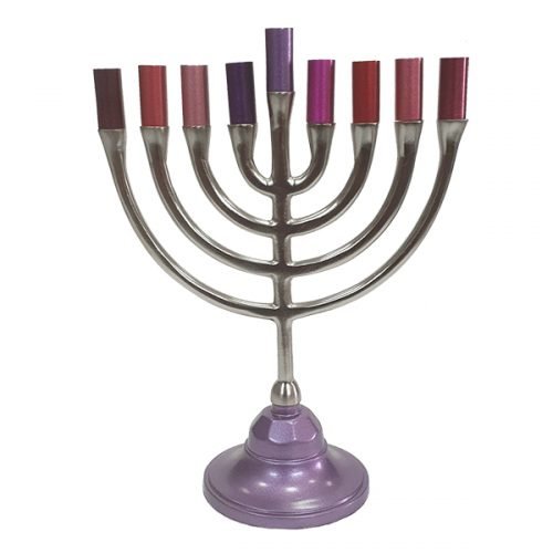 Pewter Chanukah Menorah in Traditional Style, Reds and Purples - Yair Emanuel