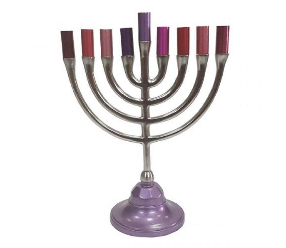 Pewter Chanukah Menorah in Traditional Style, Reds and Purples - Yair Emanuel