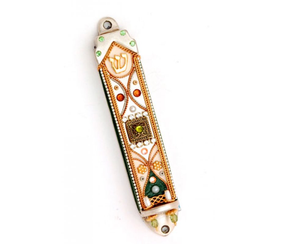 Pewter Mezuzah Case by Shahaf with white enamel