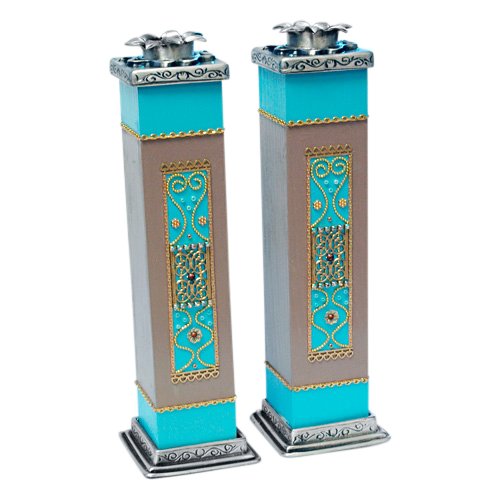 Pewter and Wood Turquoise Candlesticks - Shahaf