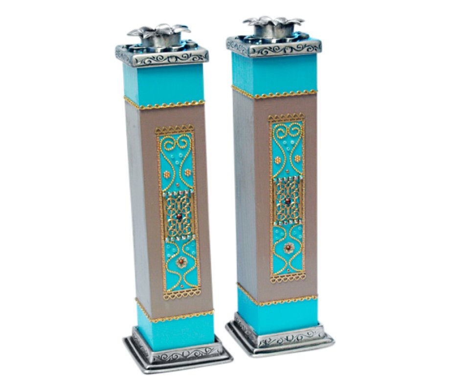 Pewter and Wood Turquoise Candlesticks - Shahaf
