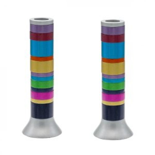 Pillar Candlesticks with Full Decorative Rings, Choice of Colors - Yair Emanuel