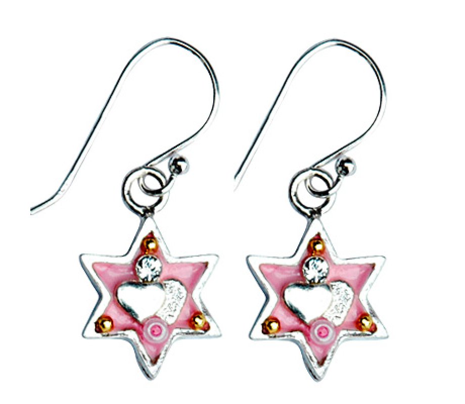 Pink Heart Star of David Earrings - Ester Shahaf
