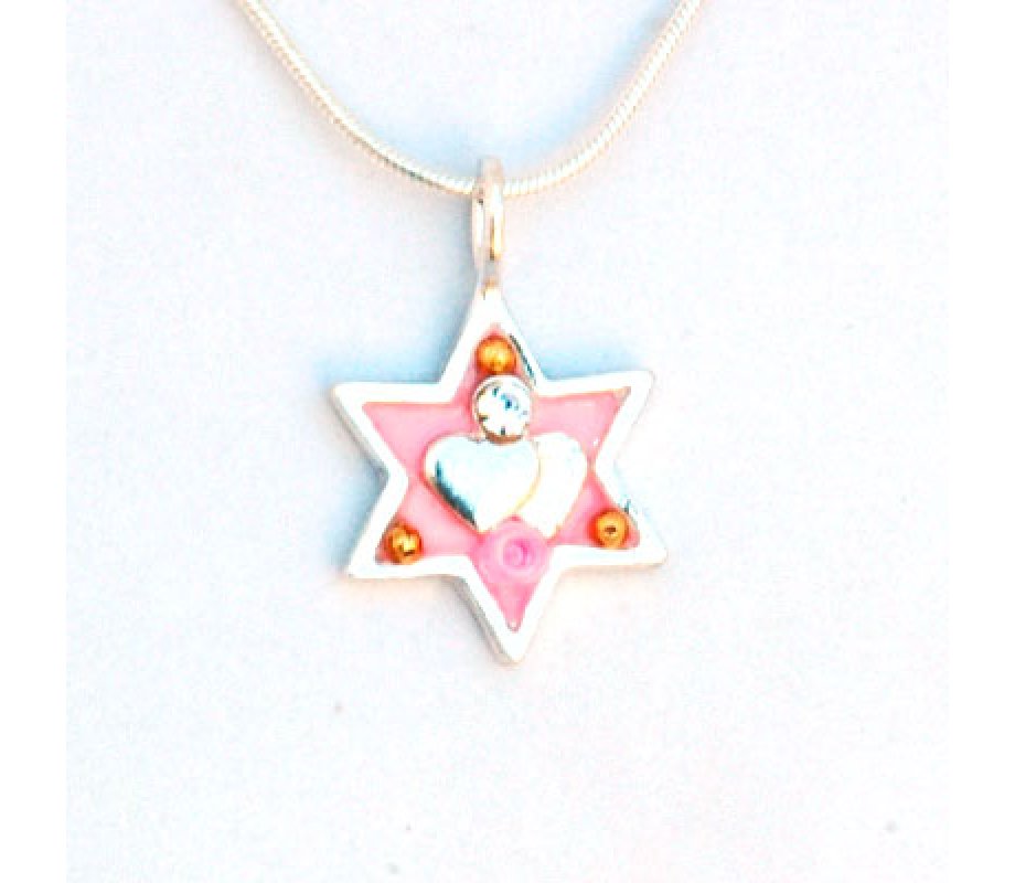 Pink Star of David Necklace with Heart - Ester Shahaf