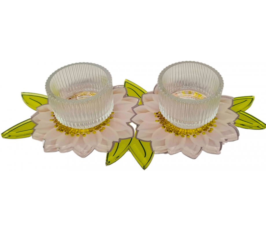 Pink and Green Chrysanthemum Small Lucite Shabbat Candlesticks - Dorit Judaica