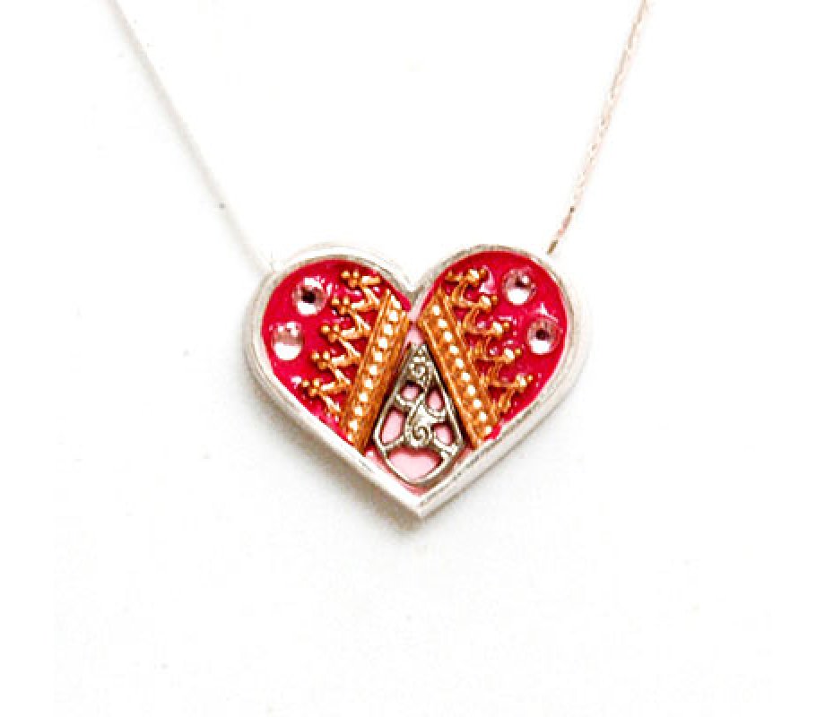 Pink and Red Silver Heart Necklace - Ester Shahaf
