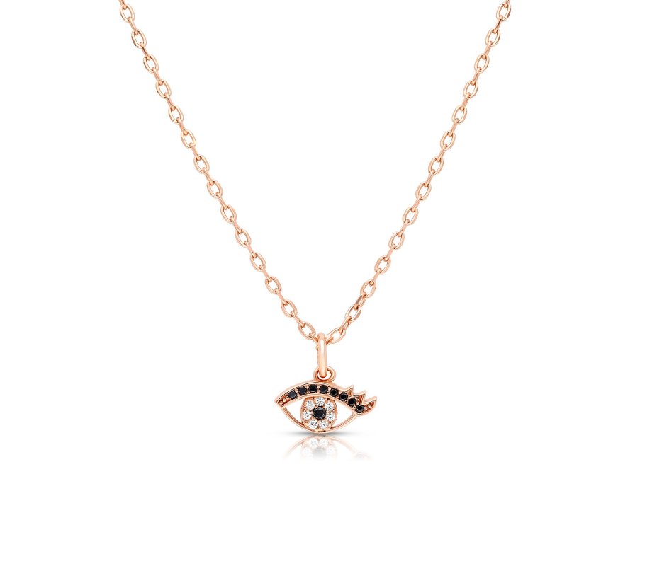 Plated Rose Gold on Sterling Silver Necklace, Blue and White Zircons - Evil Eye Charm