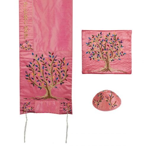 Polysilk Tallit Set Embroidered Tree of Life Pink - Yair Emanuel