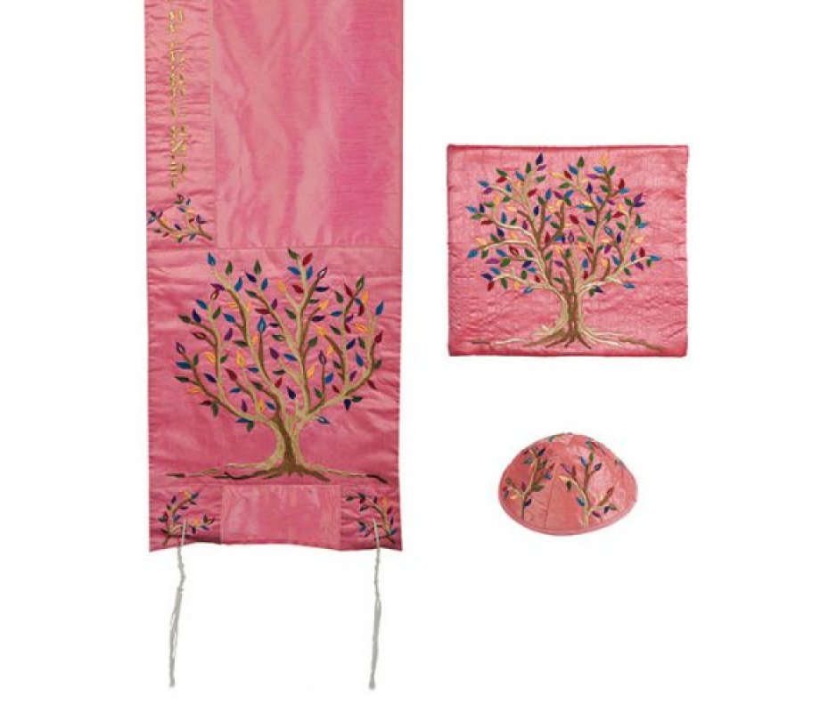 Polysilk Tallit Set Embroidered Tree of Life Pink - Yair Emanuel